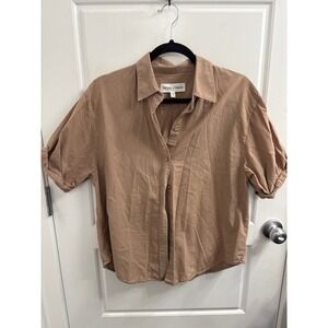 Denim Forum Womens Short Sleeve Button Down Shirt Tan Brown Size S Relaxed Fit